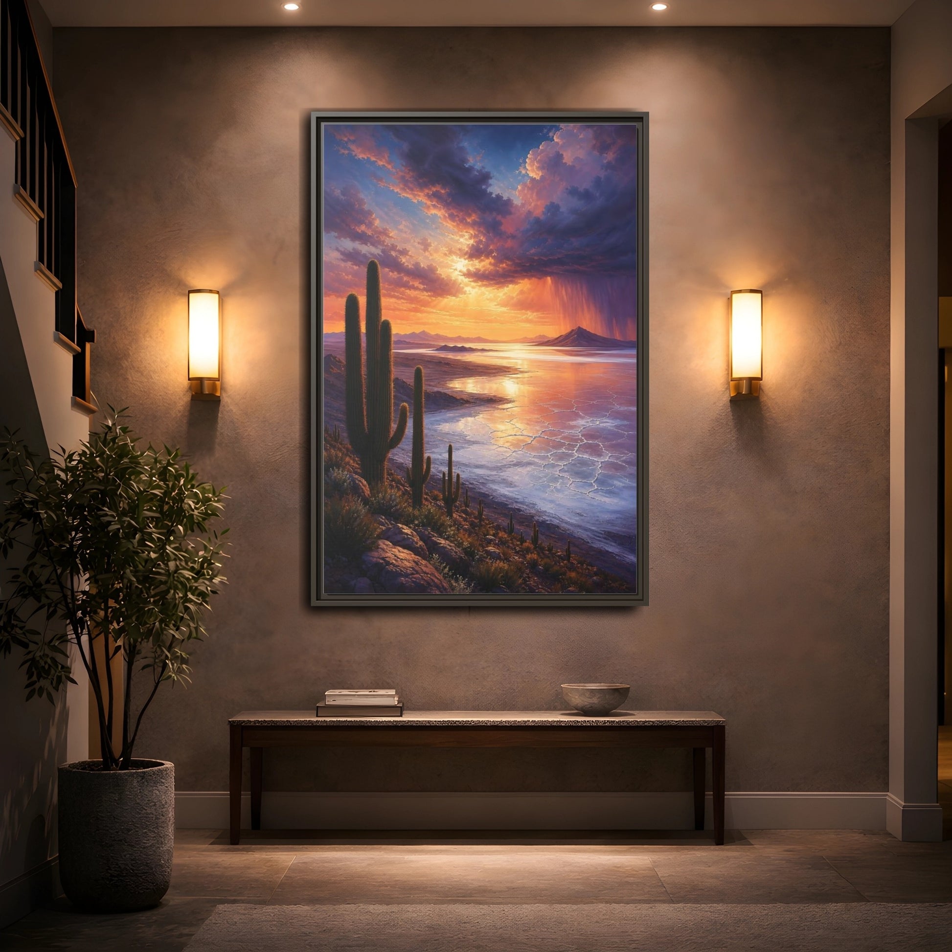 Mockup 2. Sunset Over Salt Flats shown as framed canvas print