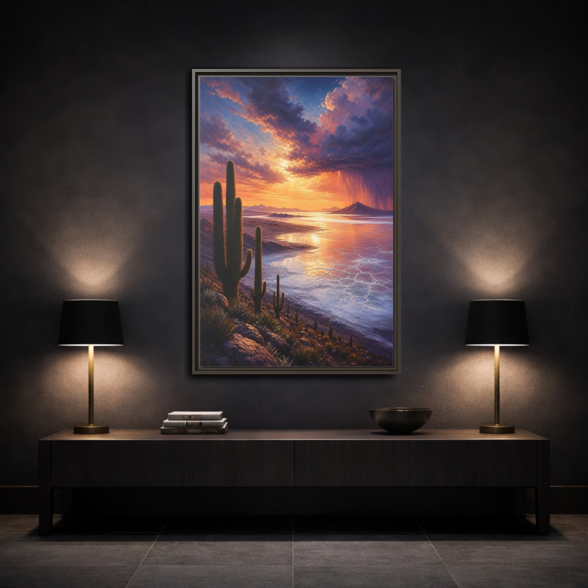 Mockup 3. Sunset Over Salt Flats shown as framed canvas print