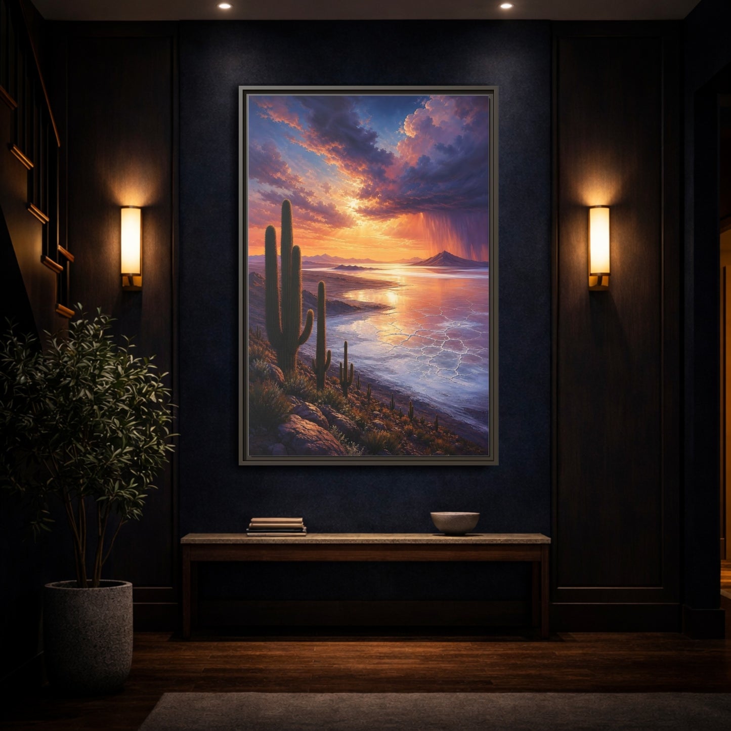 Mockup 4. Sunset Over Salt Flats shown as framed canvas print