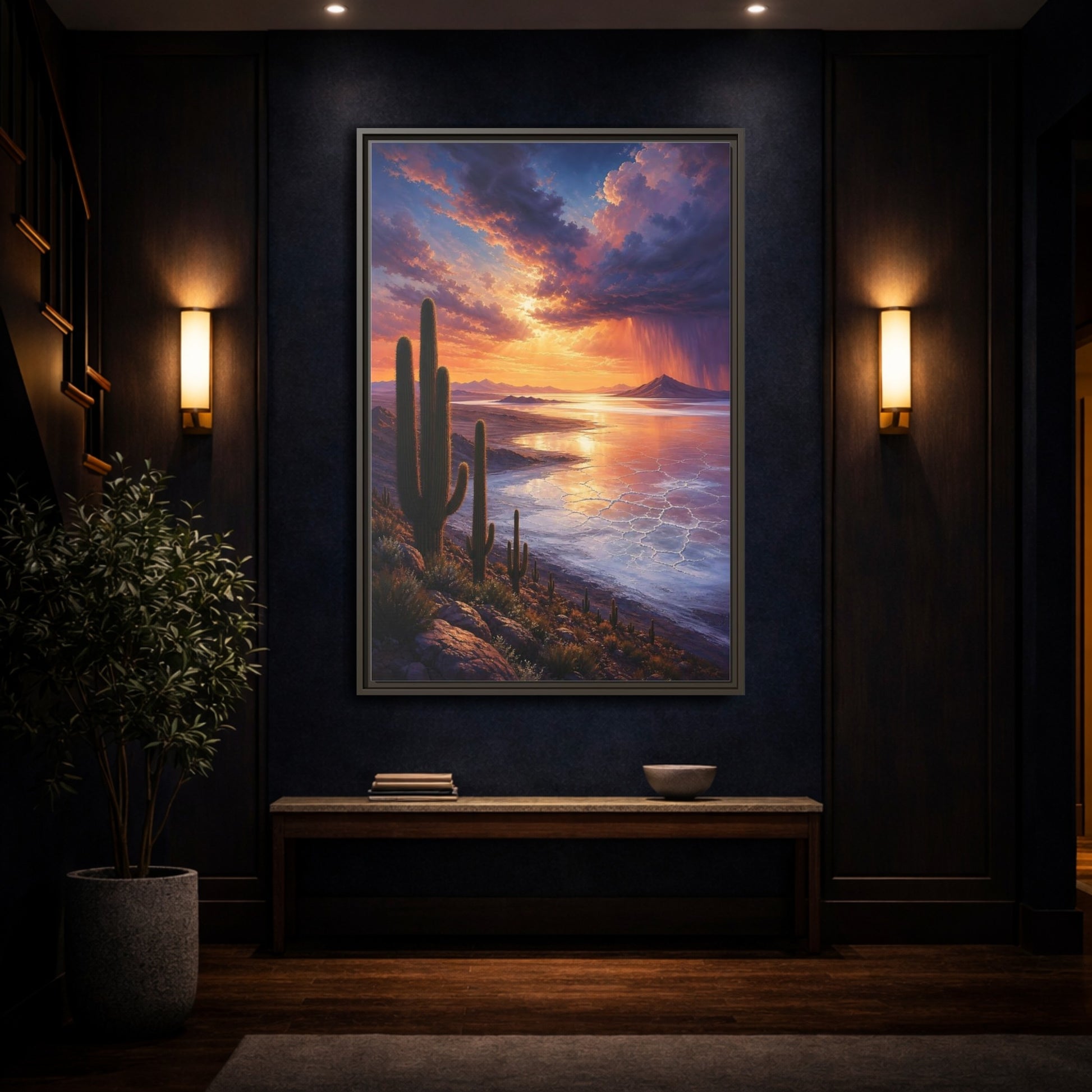 Mockup 4. Sunset Over Salt Flats shown as framed canvas print