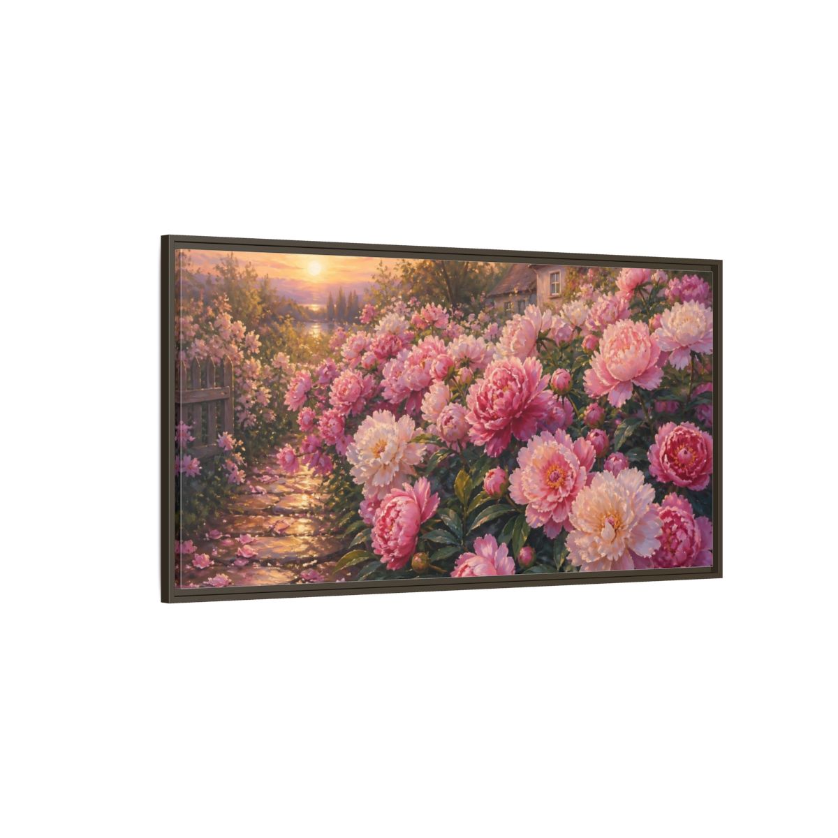 Side Mockup 4. Sunset Peony Garden shown as framed canvas print