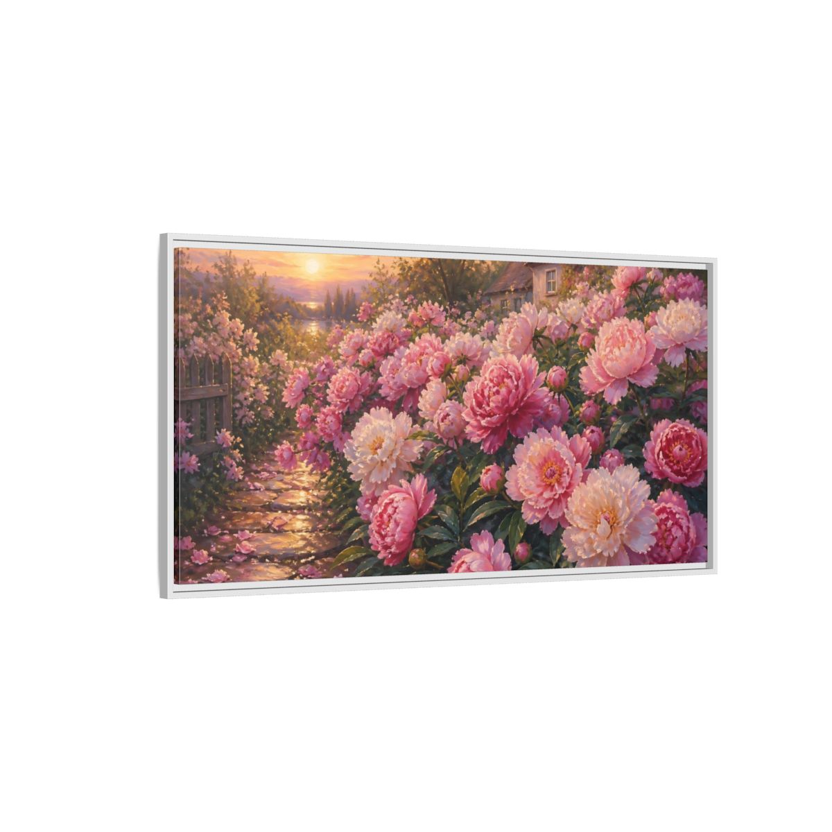 Side Mockup 3. Sunset Peony Garden shown as framed canvas print