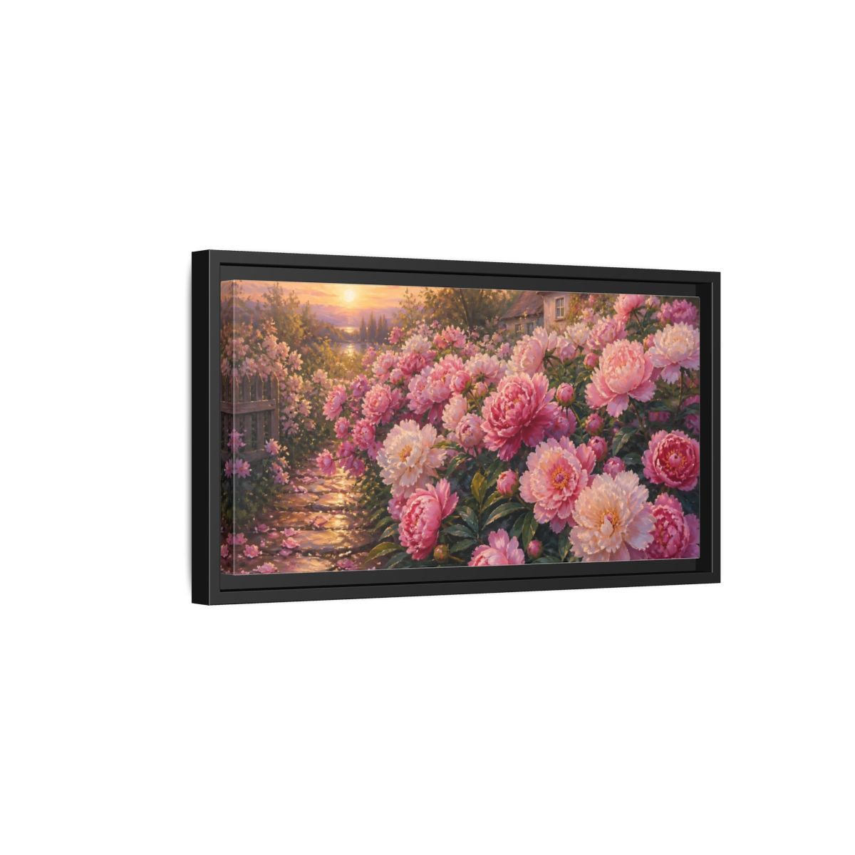 Side Mockup 8. Sunset Peony Garden shown as framed canvas print