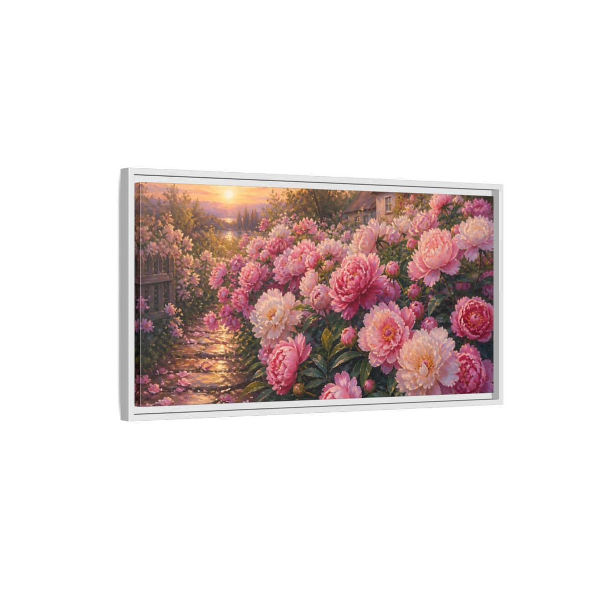 Side Mockup 1. Sunset Peony Garden shown as framed canvas print