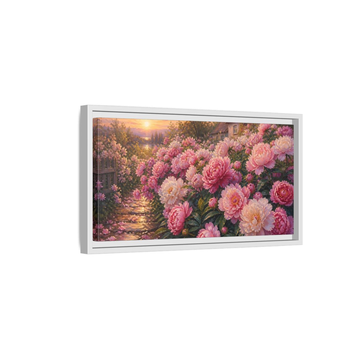 Side Mockup 6. Sunset Peony Garden shown as framed canvas print