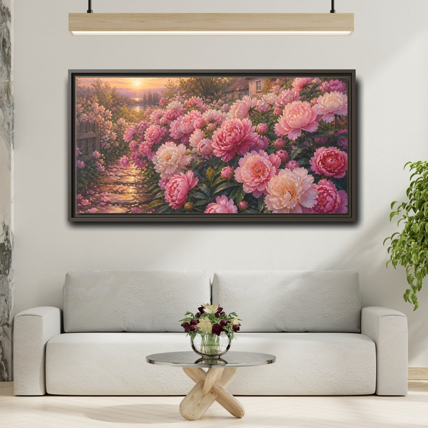 Mockup 2. Sunset Peony Garden shown as framed canvas print