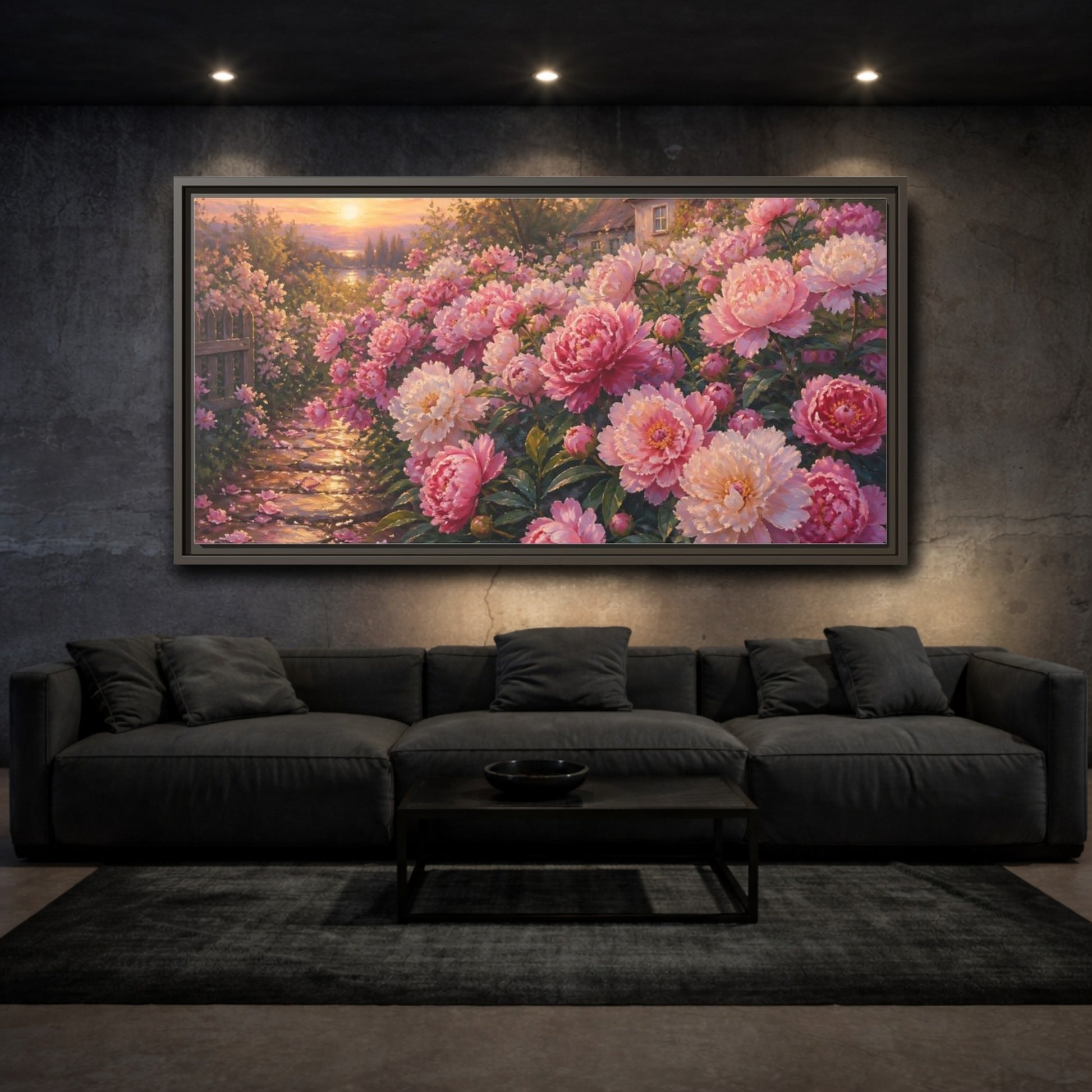 Mockup 3. Sunset Peony Garden shown as framed canvas print