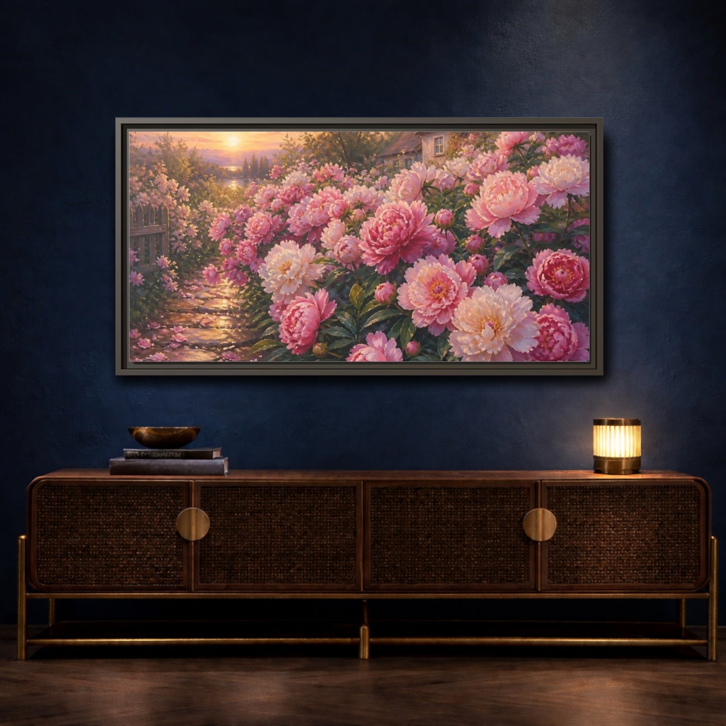 Mockup 4. Sunset Peony Garden shown as framed canvas print