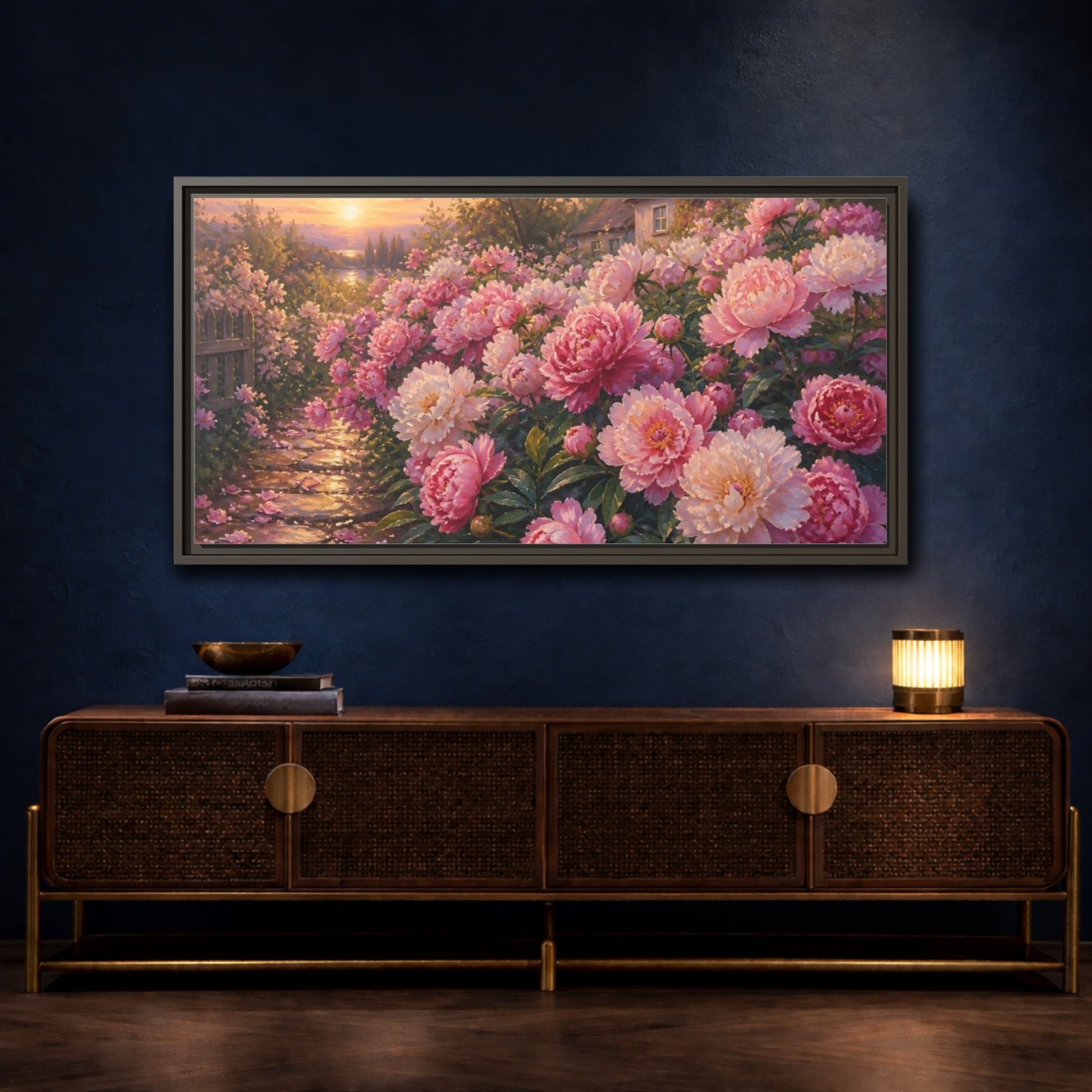 Mockup 4. Sunset Peony Garden shown as framed canvas print