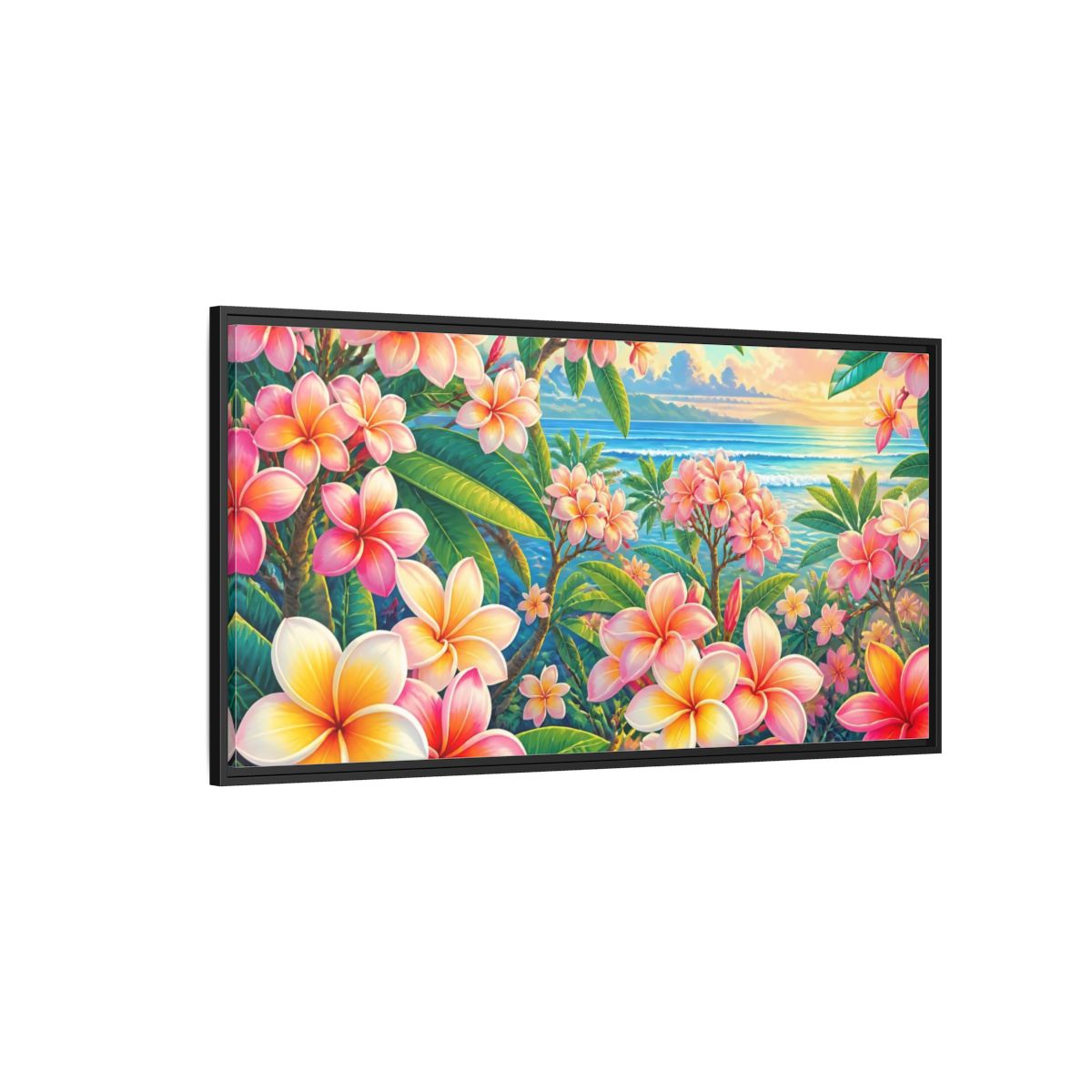 Side Mockup 5. Sunset Plumeria Grove shown as framed canvas print