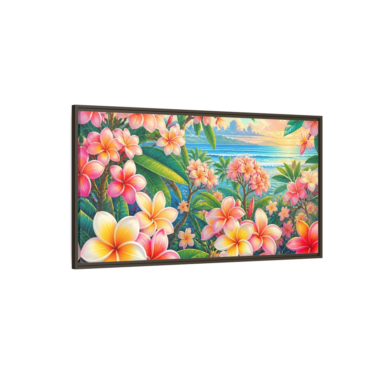 Side Mockup 4. Sunset Plumeria Grove shown as framed canvas print
