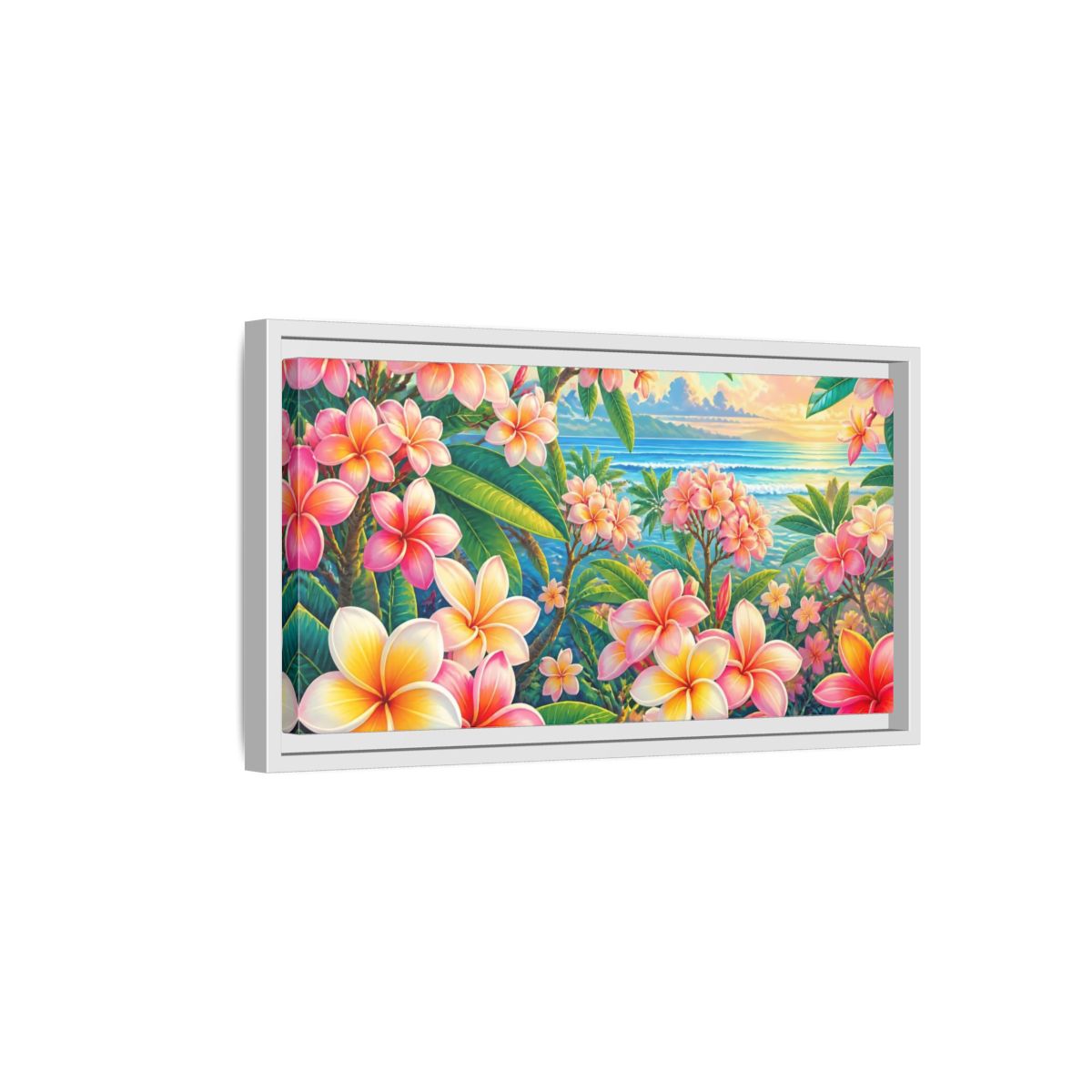 Side Mockup 6. Sunset Plumeria Grove shown as framed canvas print