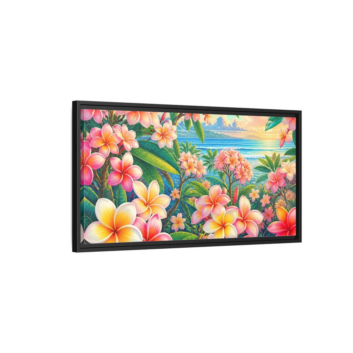 Side Mockup 2. Sunset Plumeria Grove shown as framed canvas print