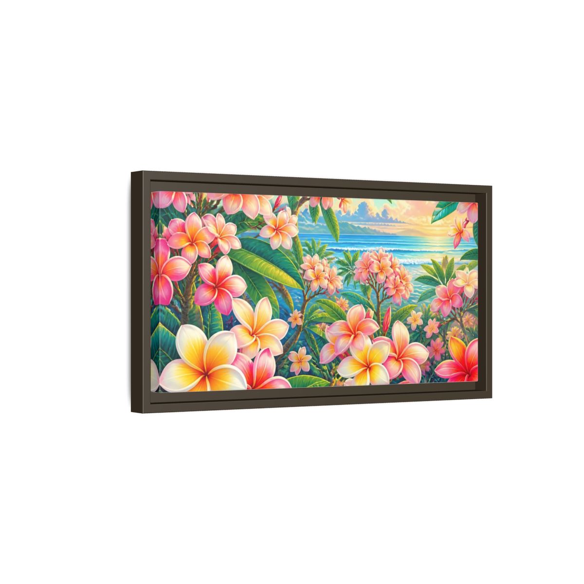 Side Mockup 7. Sunset Plumeria Grove shown as framed canvas print