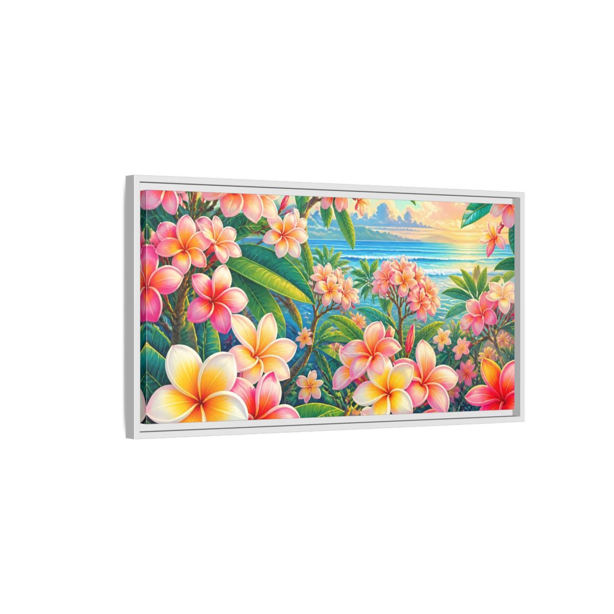 Side Mockup 1. Sunset Plumeria Grove shown as framed canvas print
