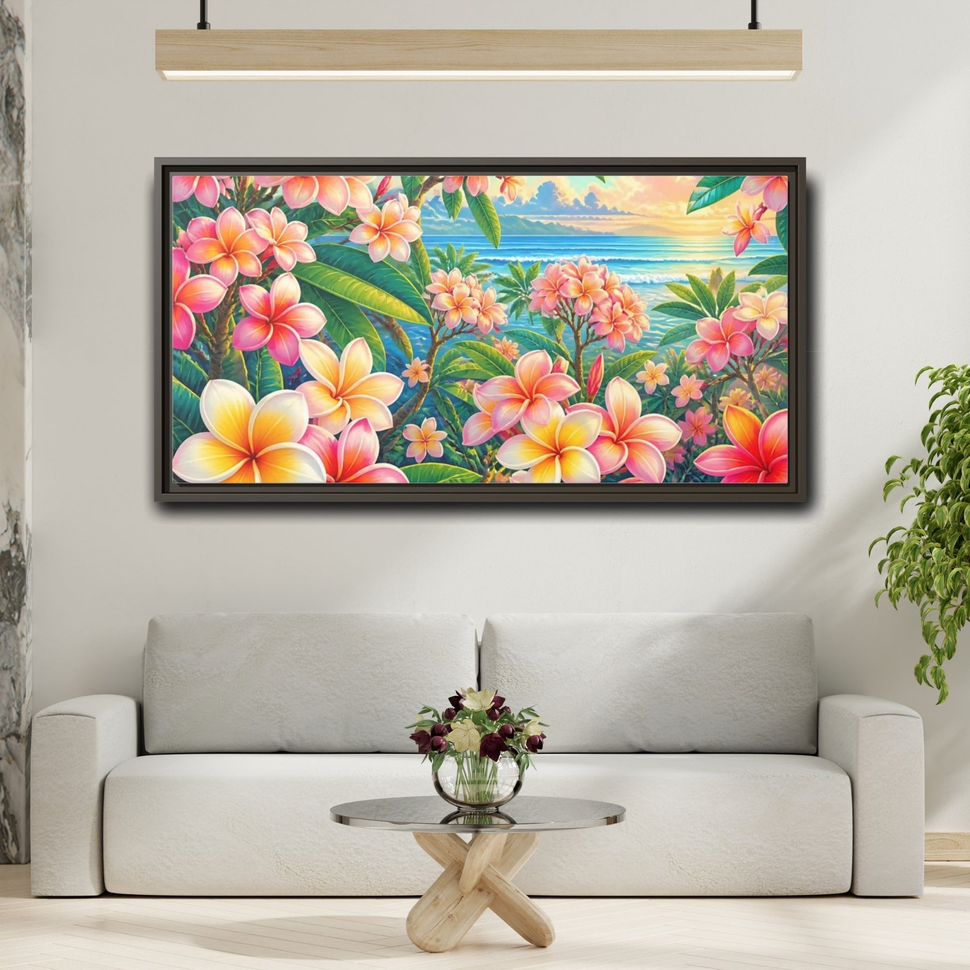 Mockup 2. Sunset Plumeria Grove shown as framed canvas print