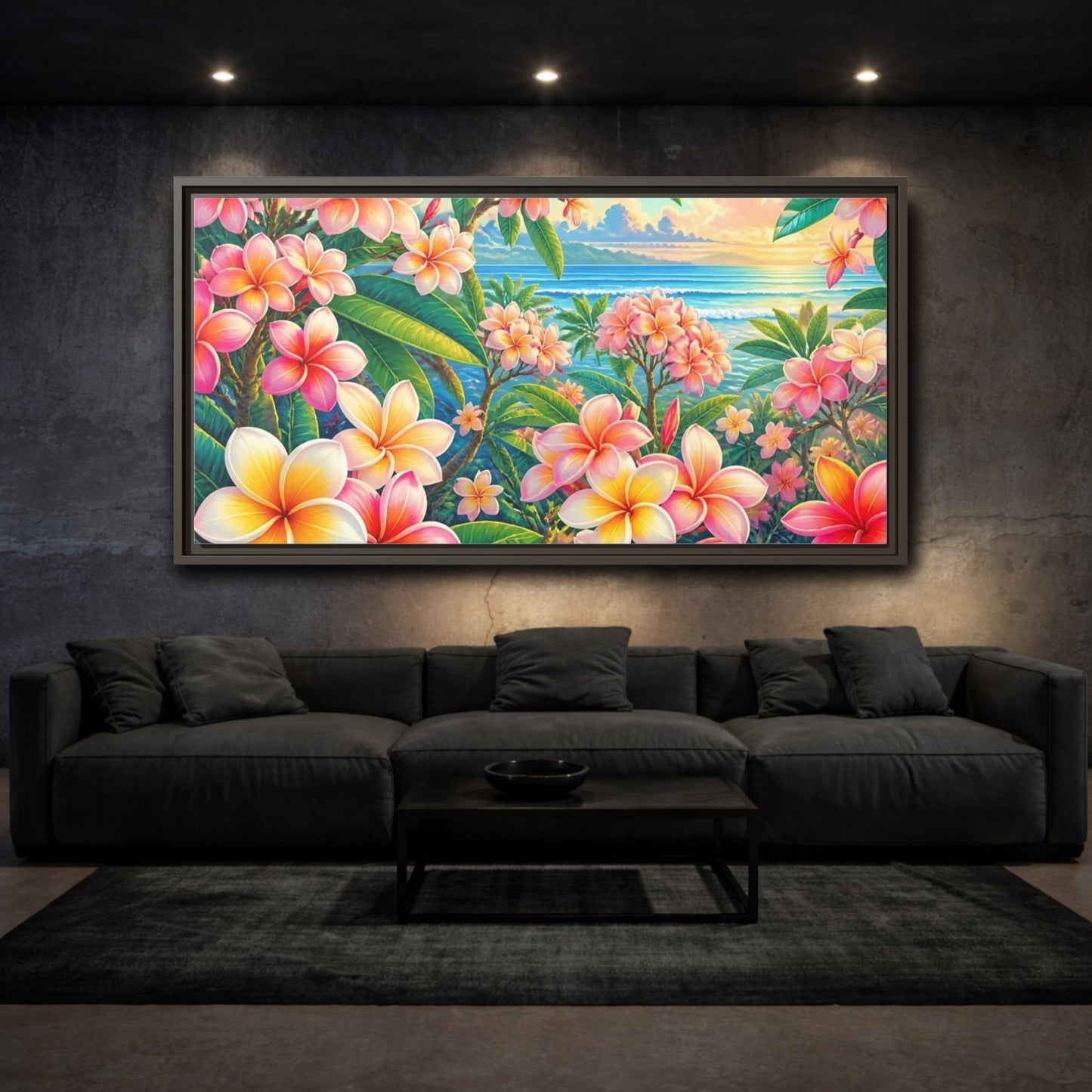 Mockup 3. Sunset Plumeria Grove shown as framed canvas print