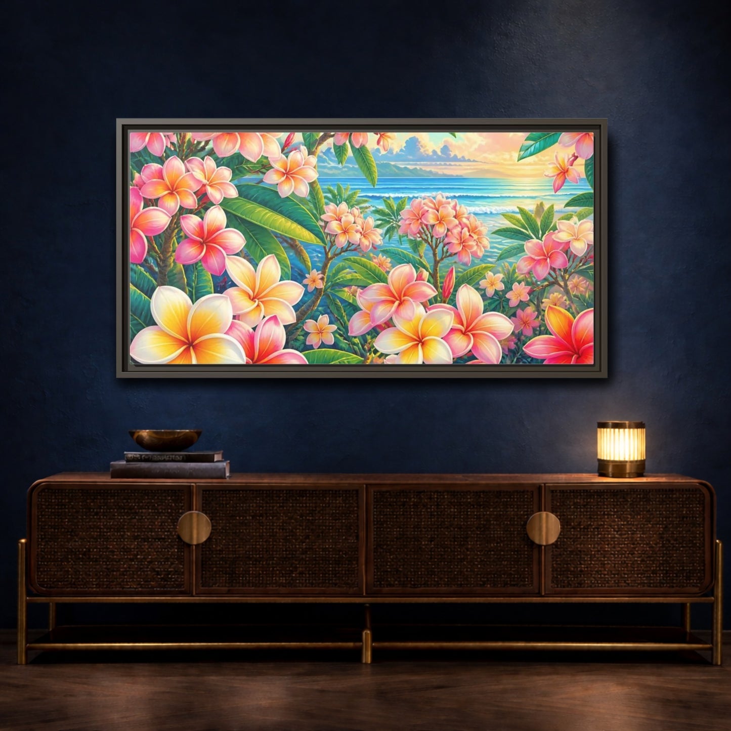 Mockup 4. Sunset Plumeria Grove shown as framed canvas print