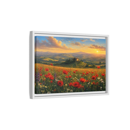Side Mockup 4. Sunset Poppy Meadow shown as framed canvas print