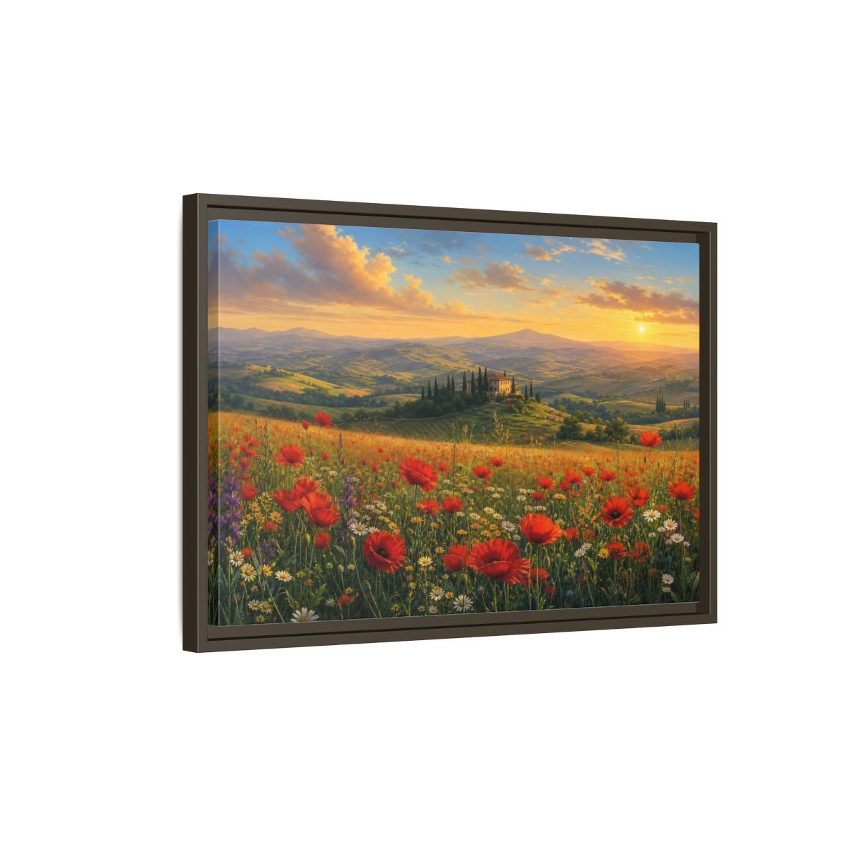 Side Mockup 2. Sunset Poppy Meadow shown as framed canvas print