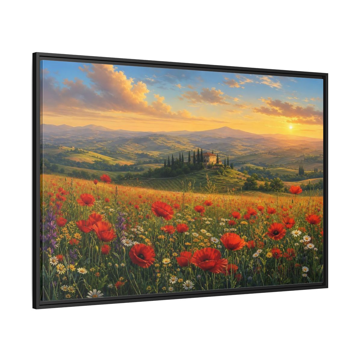 Side Mockup 12. Sunset Poppy Meadow shown as framed canvas print