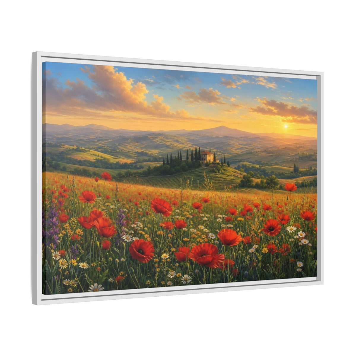 Side Mockup 9. Sunset Poppy Meadow shown as framed canvas print