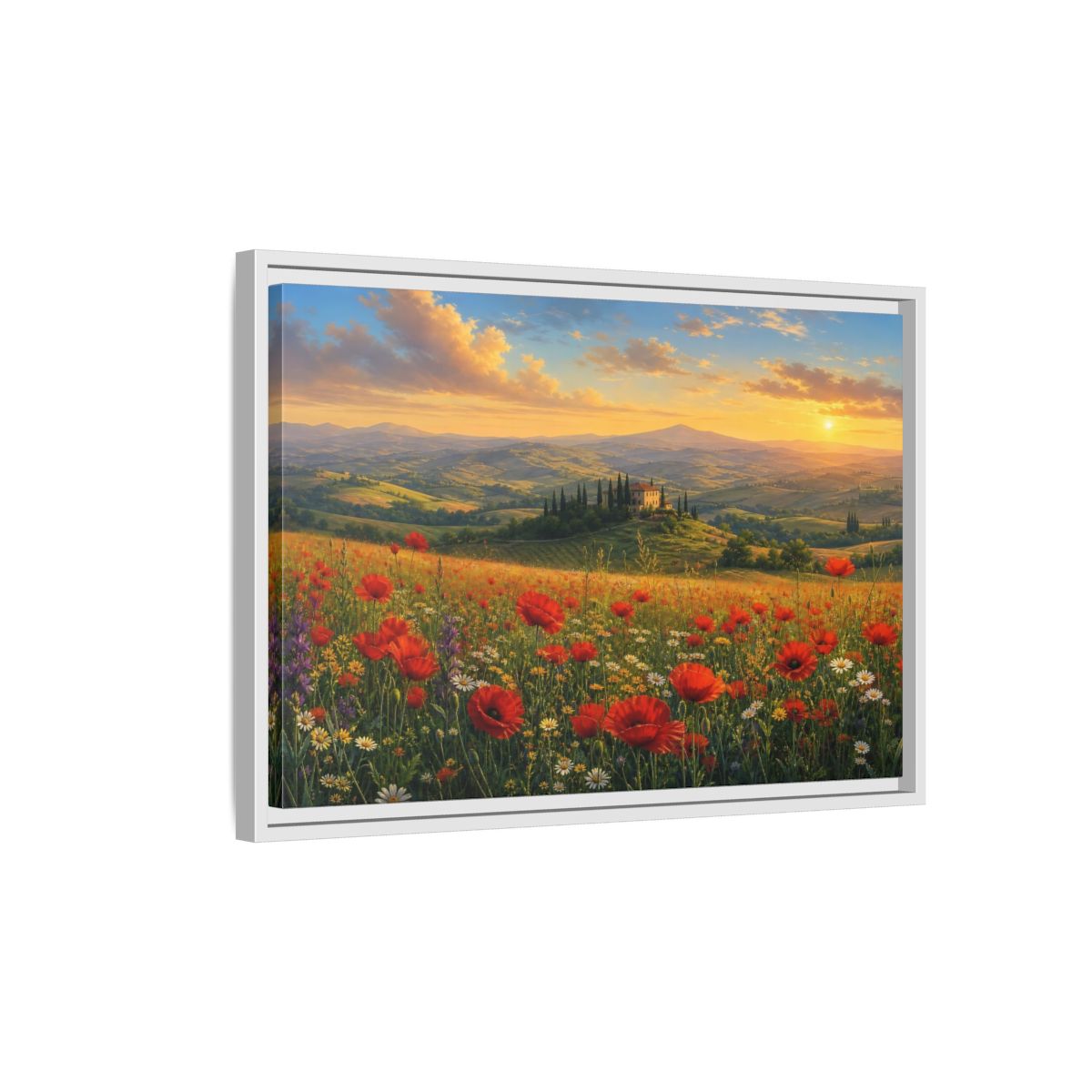 Side Mockup 1. Sunset Poppy Meadow shown as framed canvas print