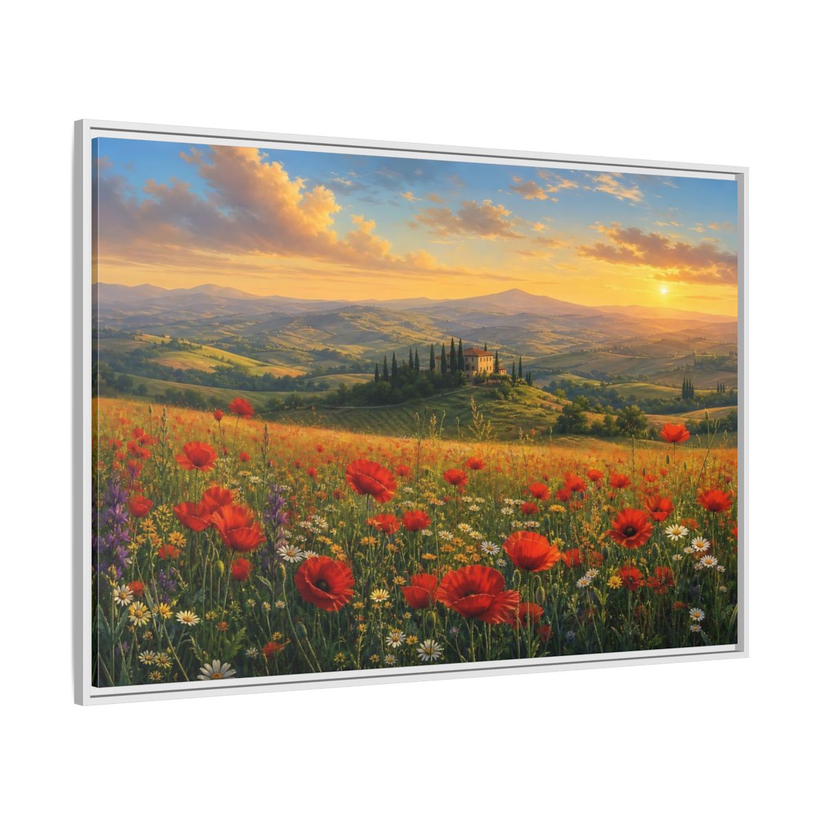 Side Mockup 7. Sunset Poppy Meadow shown as framed canvas print