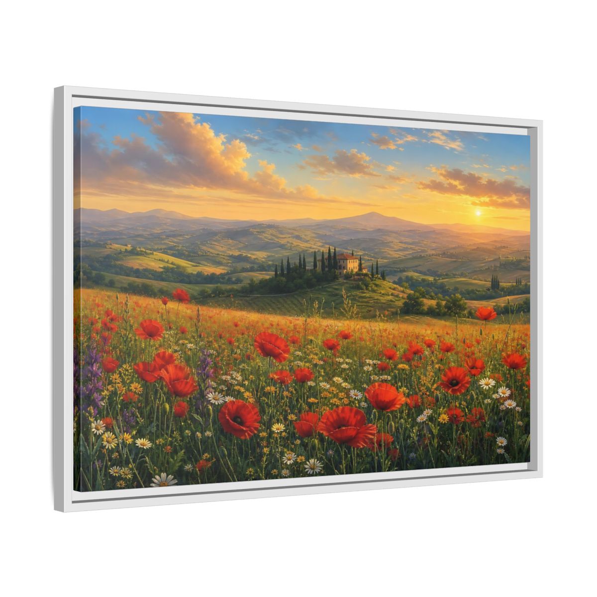 Side Mockup 10. Sunset Poppy Meadow shown as framed canvas print