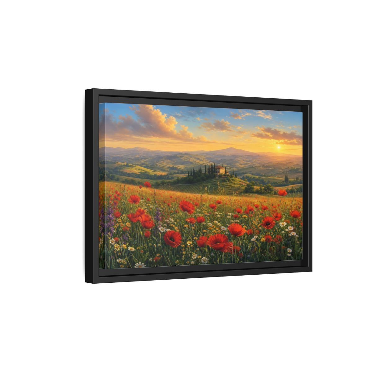 Side Mockup 6. Sunset Poppy Meadow shown as framed canvas print