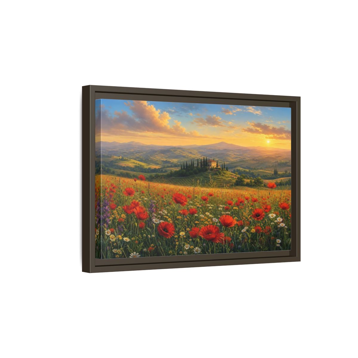 Side Mockup 5. Sunset Poppy Meadow shown as framed canvas print