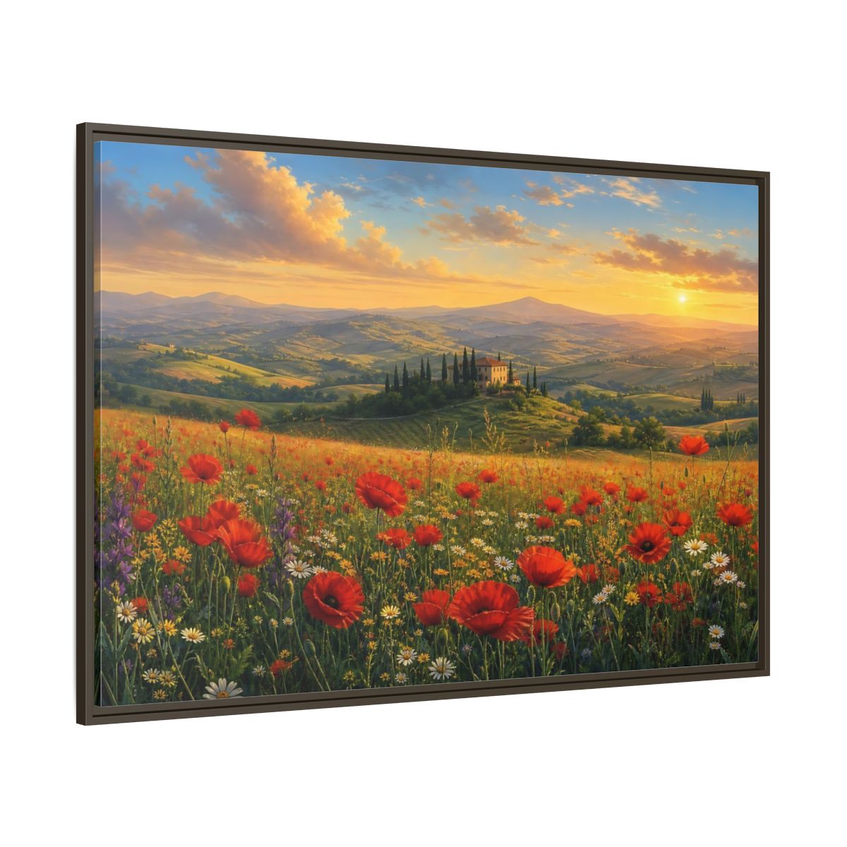 Side Mockup 8. Sunset Poppy Meadow shown as framed canvas print