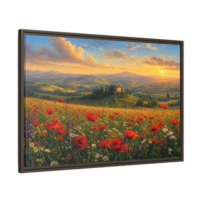 Main Mockup. Sunset Poppy Meadow shown as framed canvas print