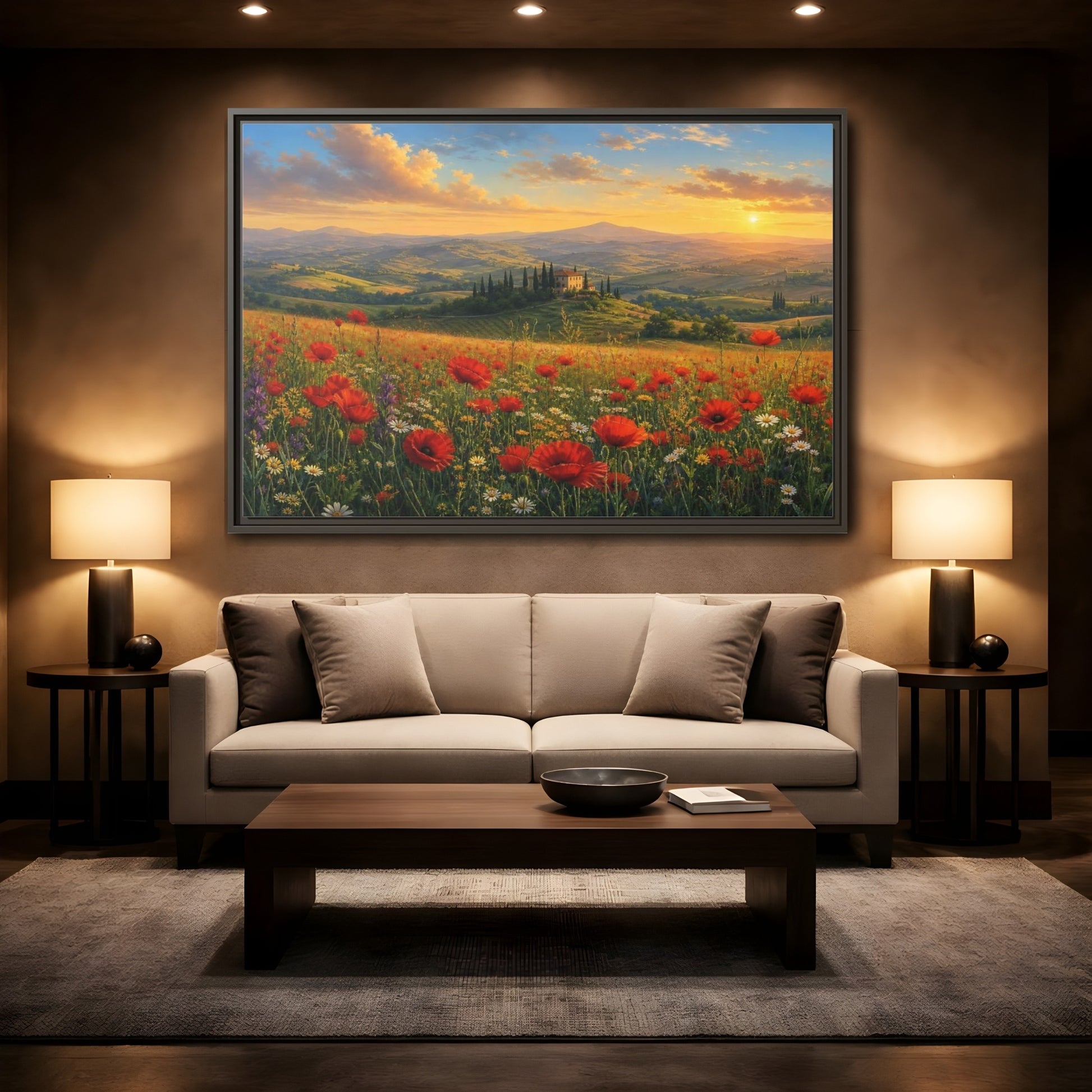 Mockup 2. Sunset Poppy Meadow shown as framed canvas print