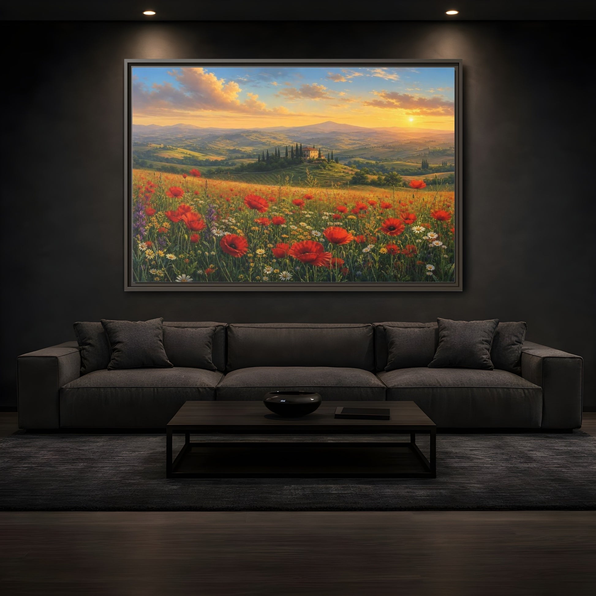 Mockup 3. Sunset Poppy Meadow shown as framed canvas print