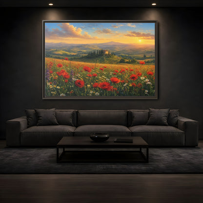 Mockup 3. Sunset Poppy Meadow shown as framed canvas print