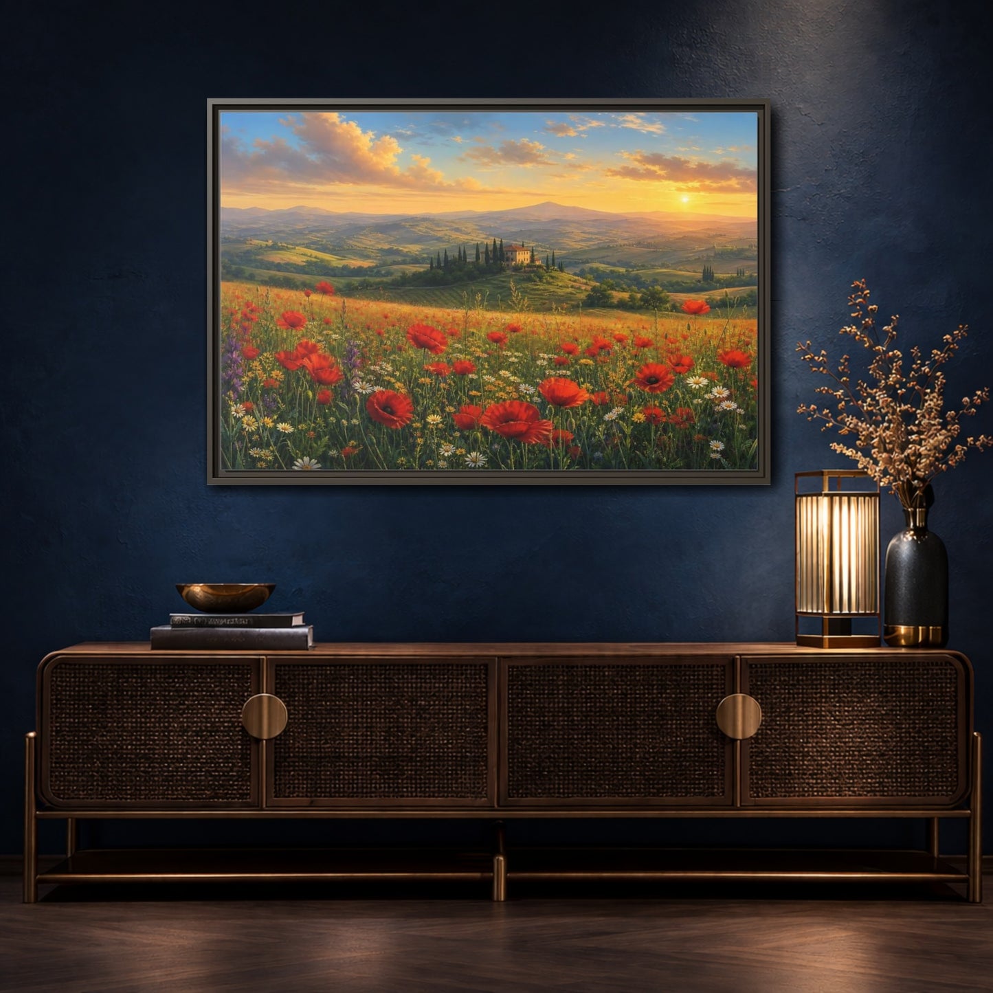 Mockup 4. Sunset Poppy Meadow shown as framed canvas print