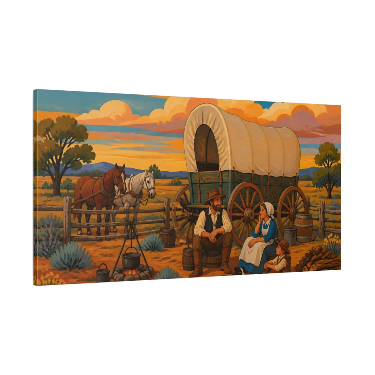 Side Mockup 2. Sunset Prairie Wagon Family shown as canvas print