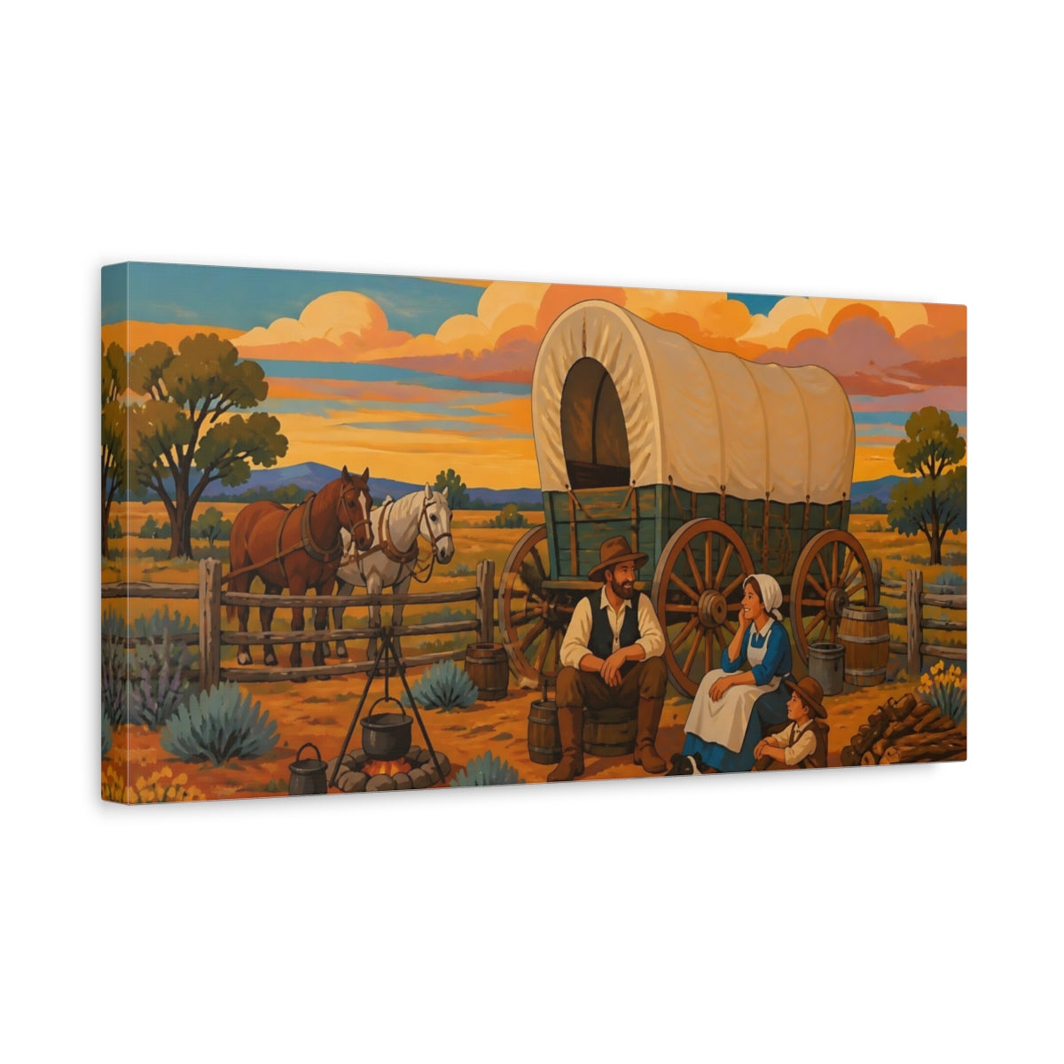 Side Mockup 3. Sunset Prairie Wagon Family shown as canvas print
