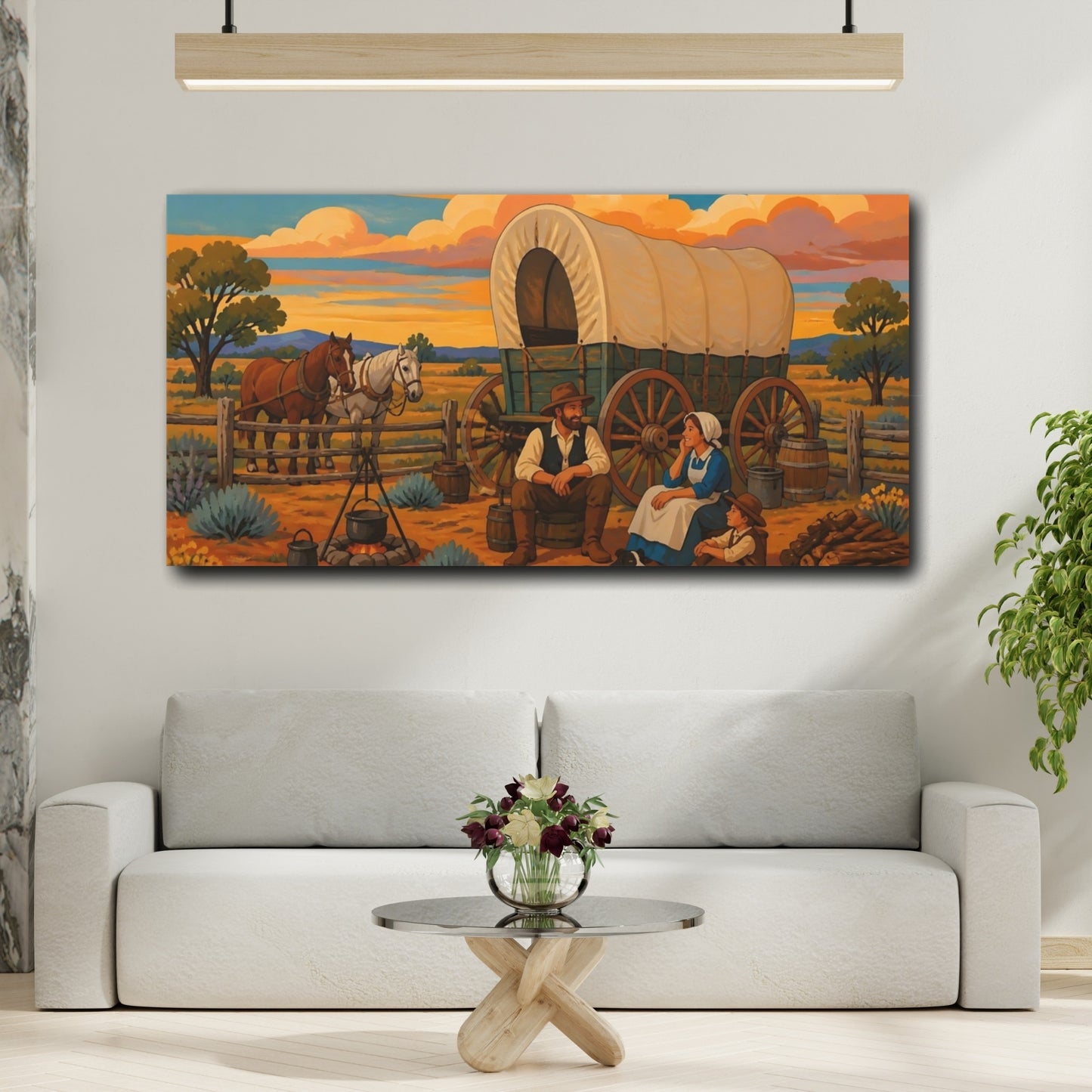 Mockup 2. Sunset Prairie Wagon Family shown as canvas print