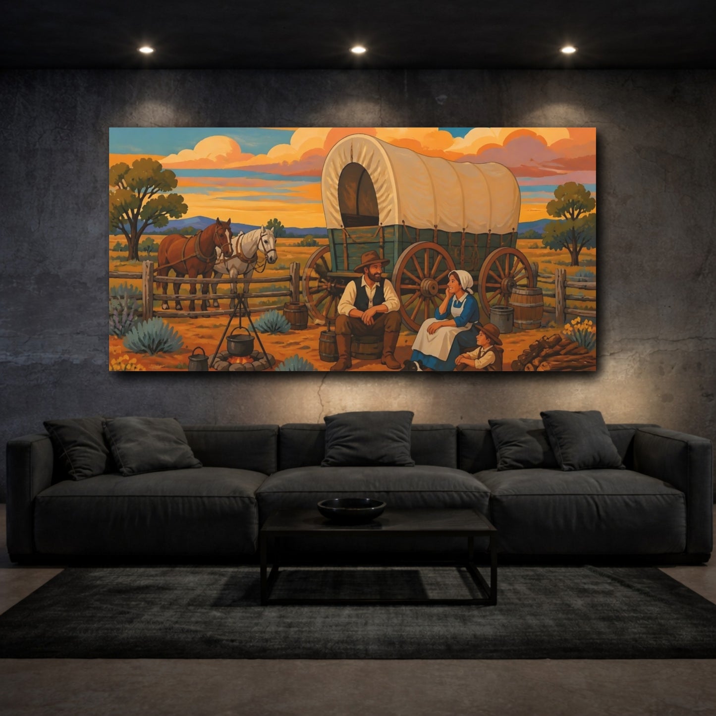 Mockup 3. Sunset Prairie Wagon Family shown as canvas print