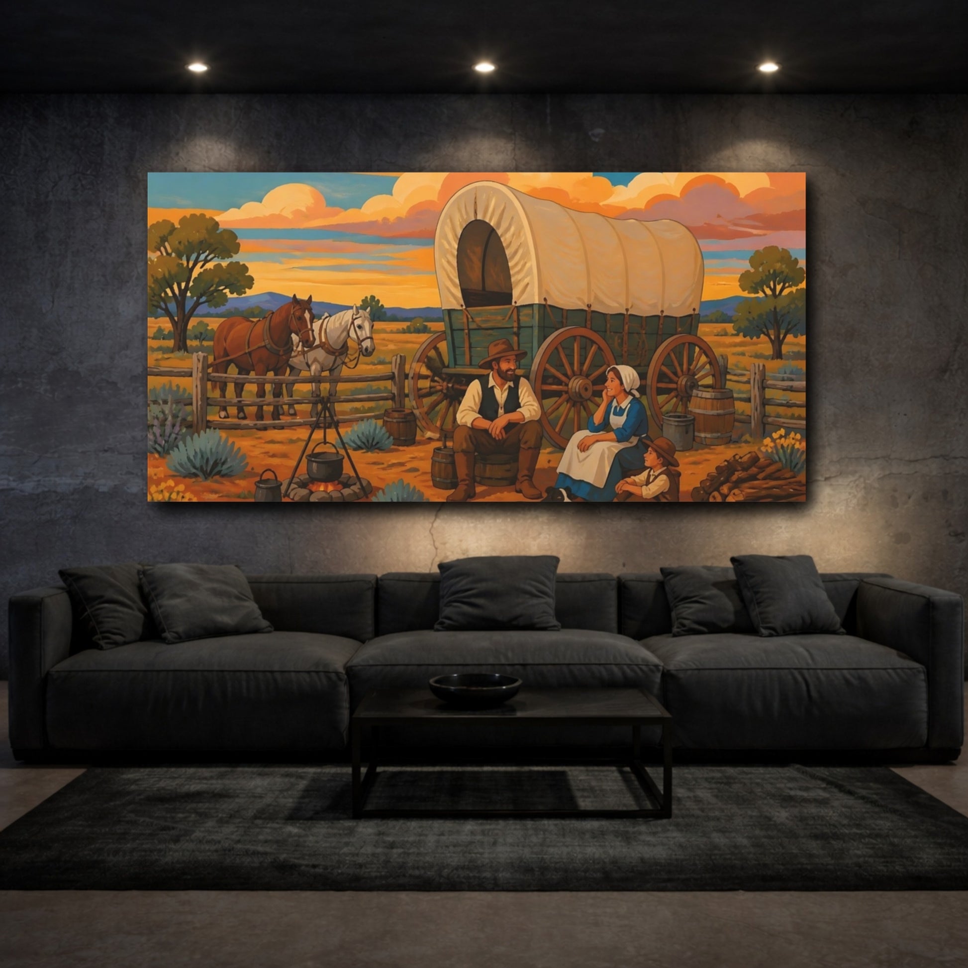 Mockup 3. Sunset Prairie Wagon Family shown as canvas print