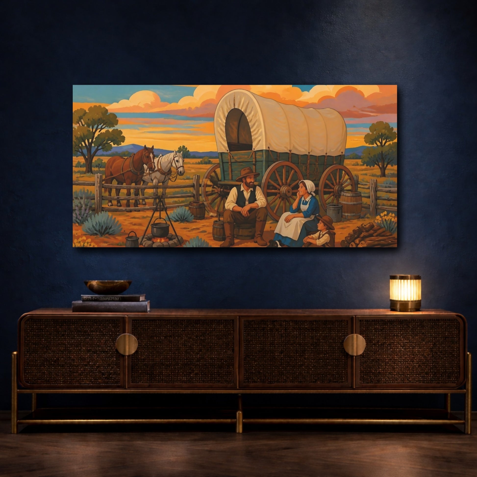 Mockup 4. Sunset Prairie Wagon Family shown as canvas print