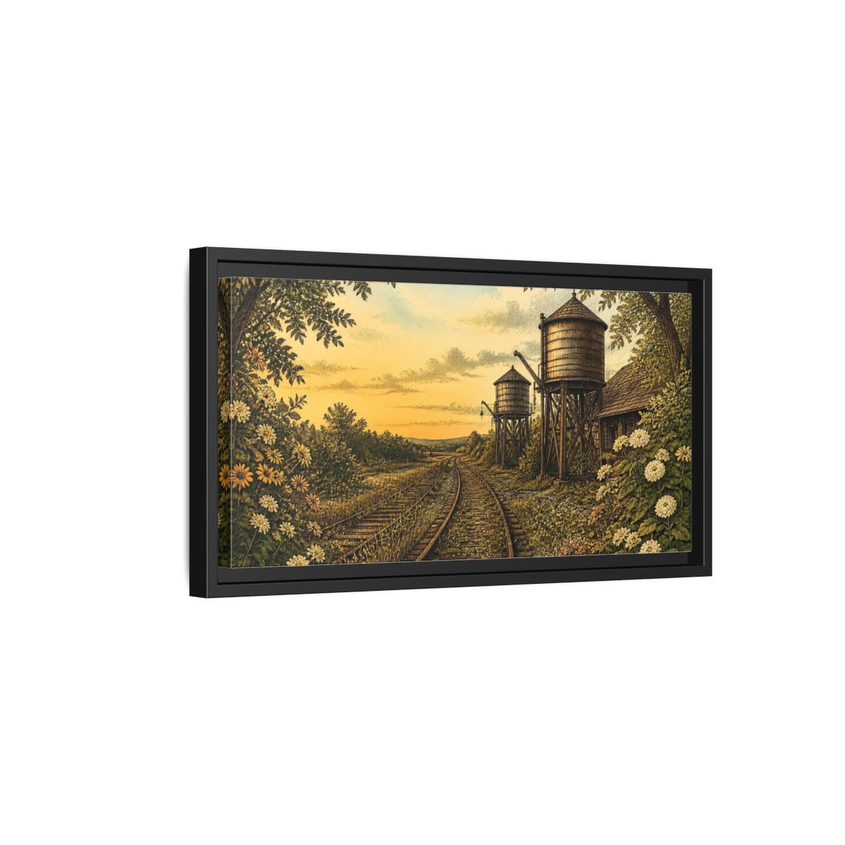 Side Mockup 8. Sunset Railway Water Towers shown as framed canvas print