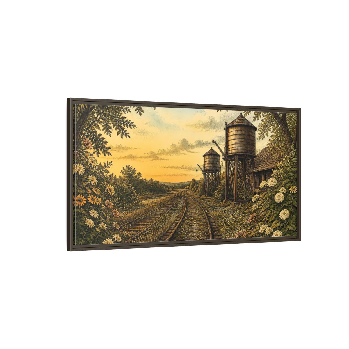 Side Mockup 4. Sunset Railway Water Towers shown as framed canvas print
