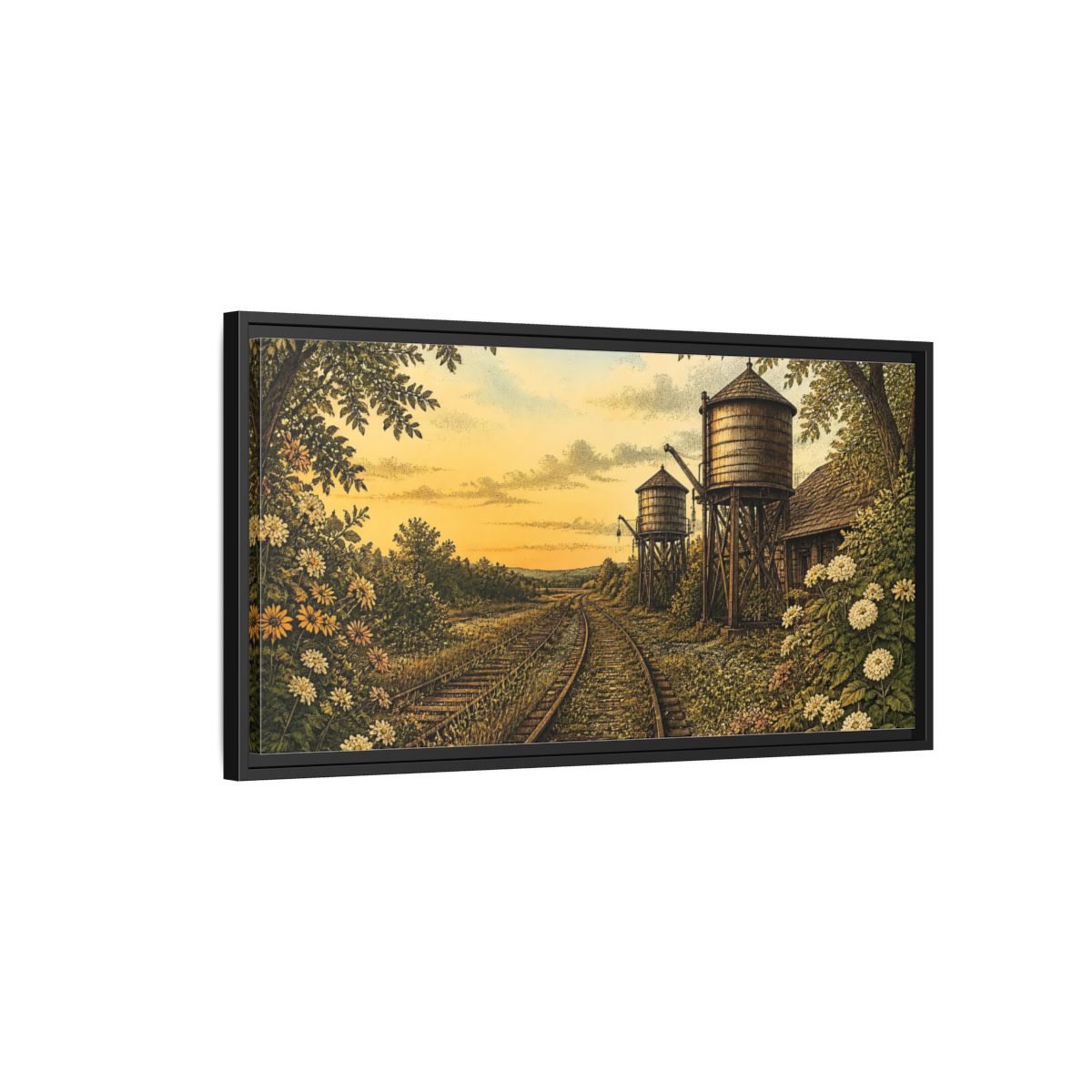 Side Mockup 2. Sunset Railway Water Towers shown as framed canvas print