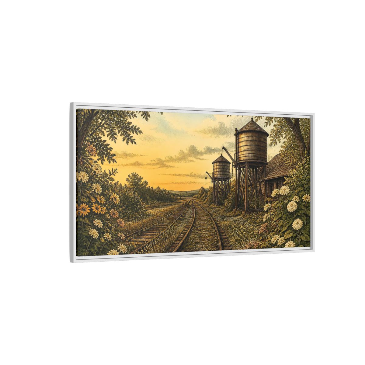 Side Mockup 3. Sunset Railway Water Towers shown as framed canvas print