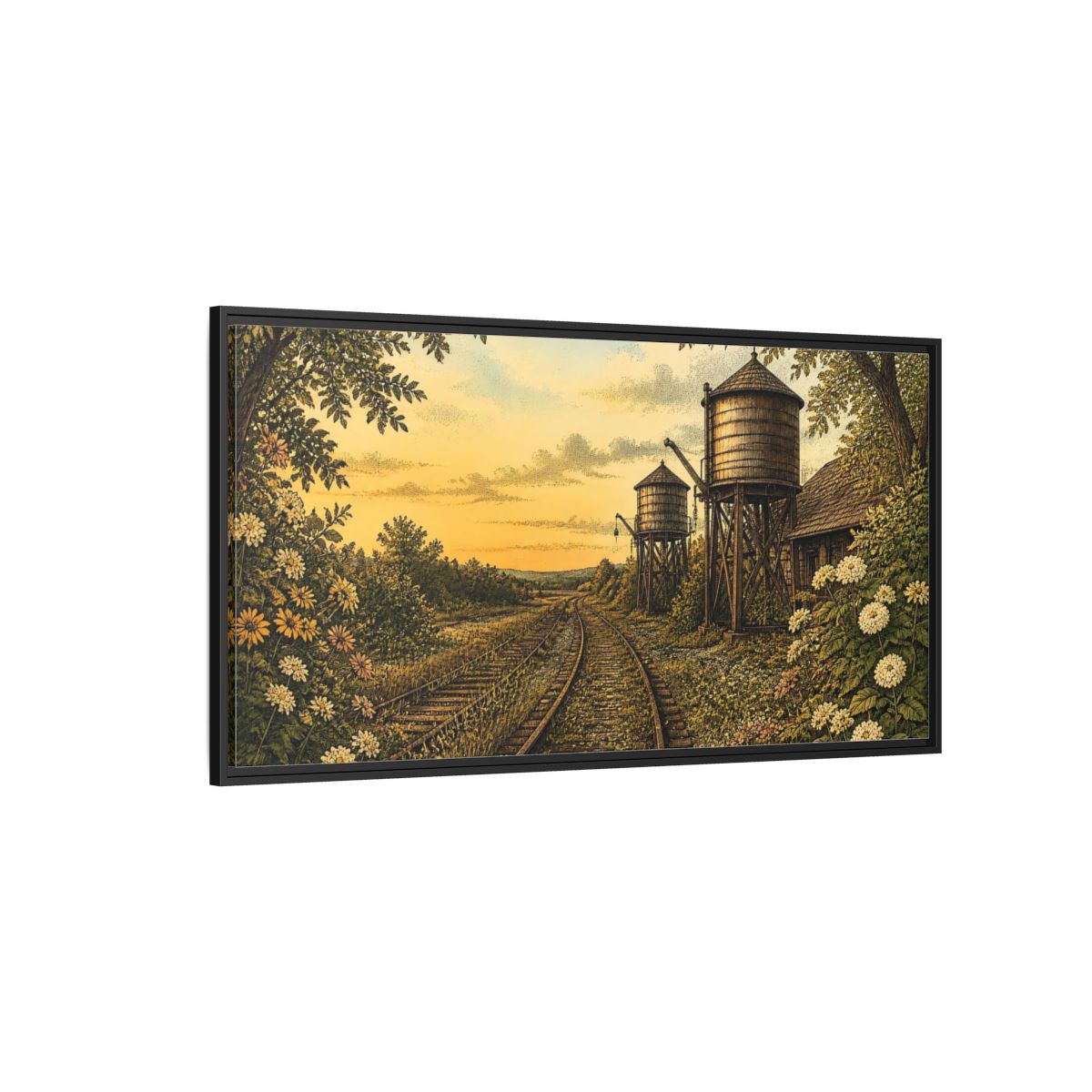Side Mockup 5. Sunset Railway Water Towers shown as framed canvas print