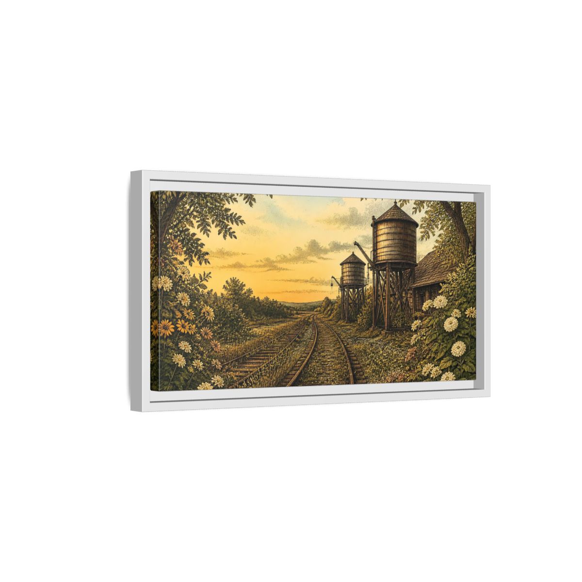 Side Mockup 6. Sunset Railway Water Towers shown as framed canvas print