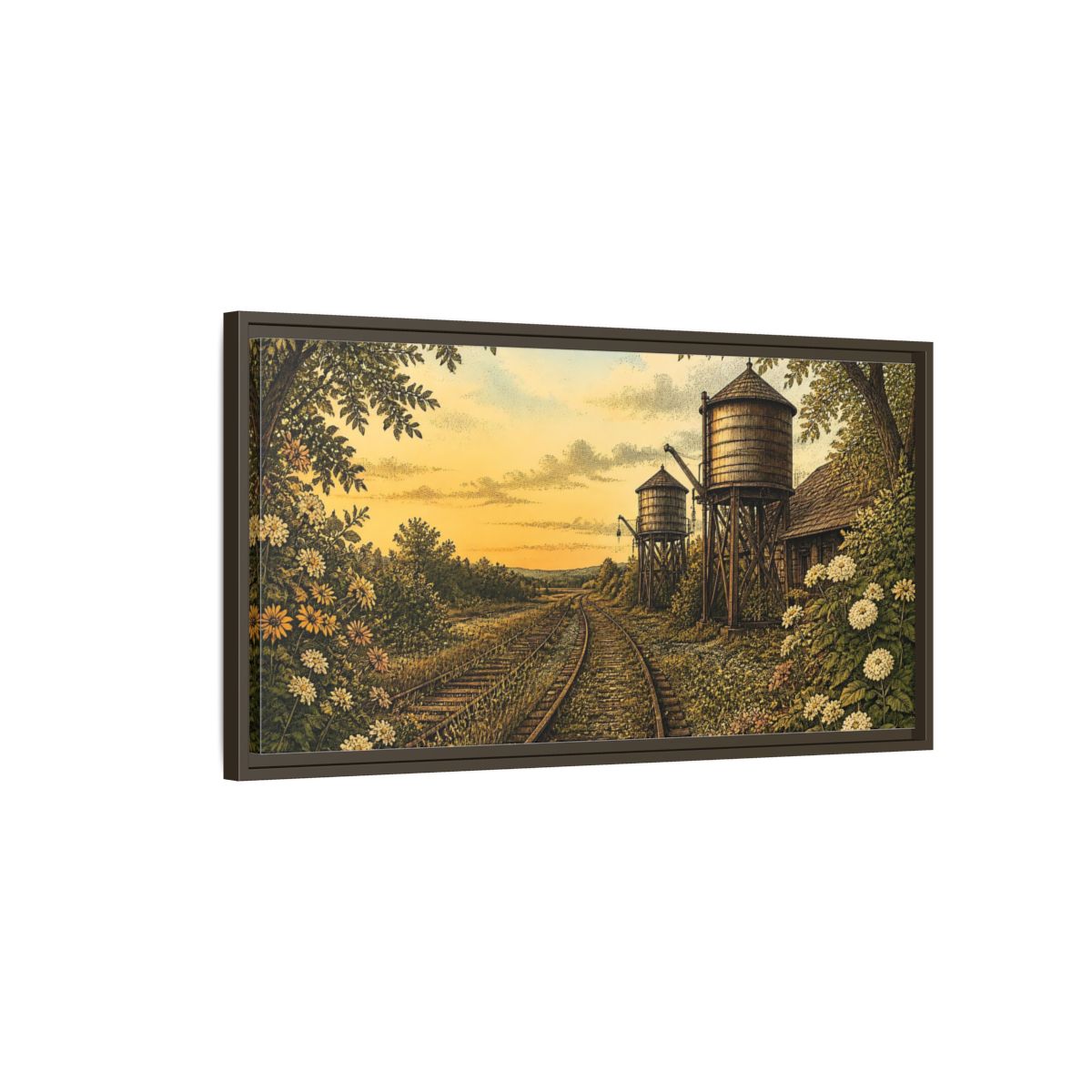 Main Mockup. Sunset Railway Water Towers shown as framed canvas print